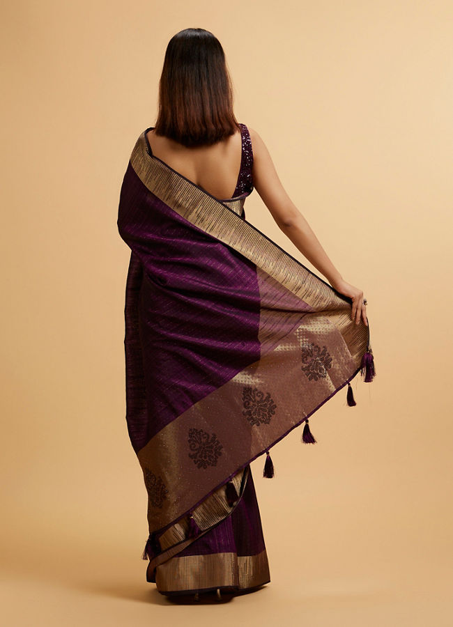 Mohey Women Wine Linear Patterned Rhinestone Saree