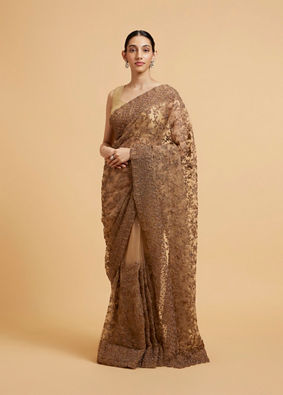 Mohey Women Burnt Caramel Embroidered Saree with Stone Work