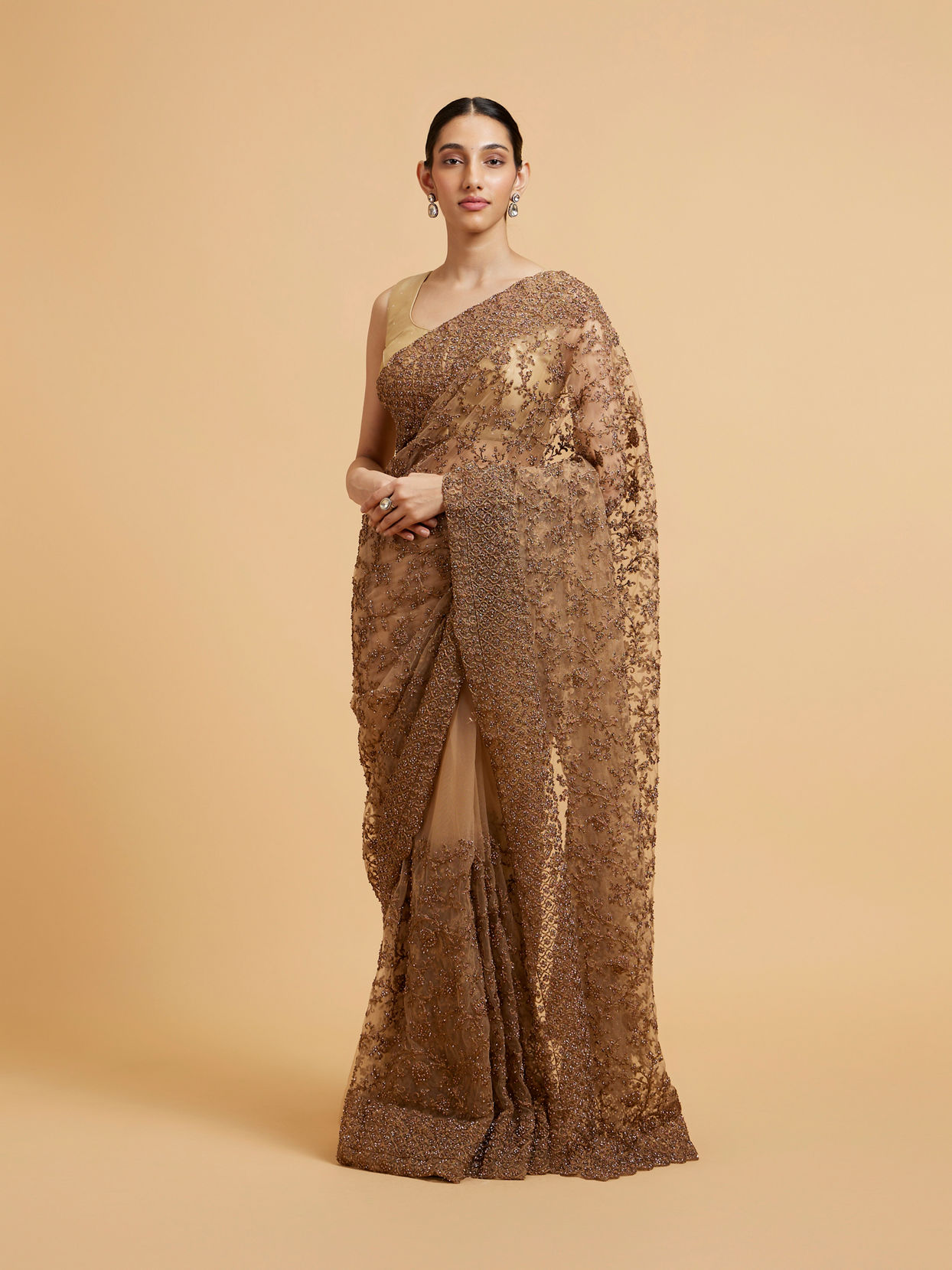 Mohey Women Burnt Caramel Embroidered Saree with Stone Work
