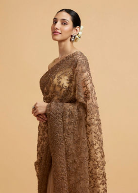 Mohey Women Burnt Caramel Embroidered Saree with Stone Work