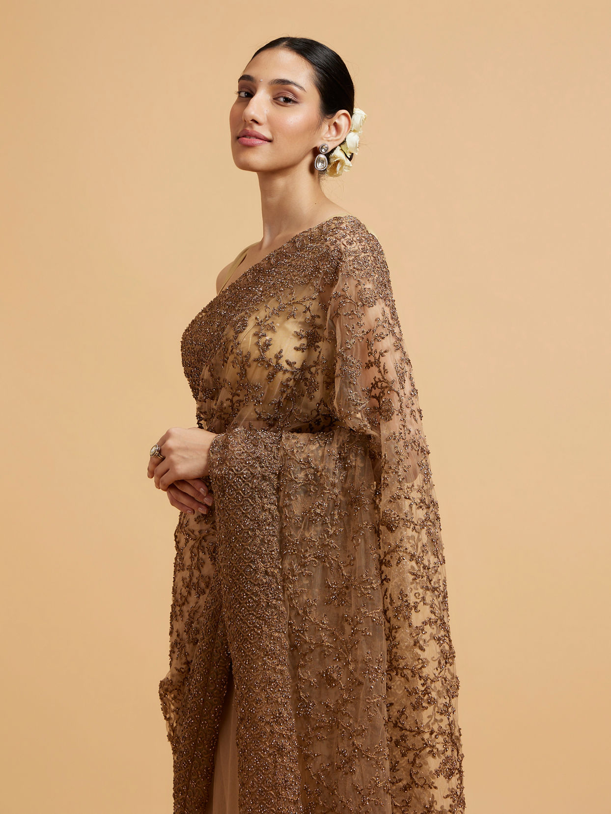 Mohey Women Burnt Caramel Embroidered Saree with Stone Work