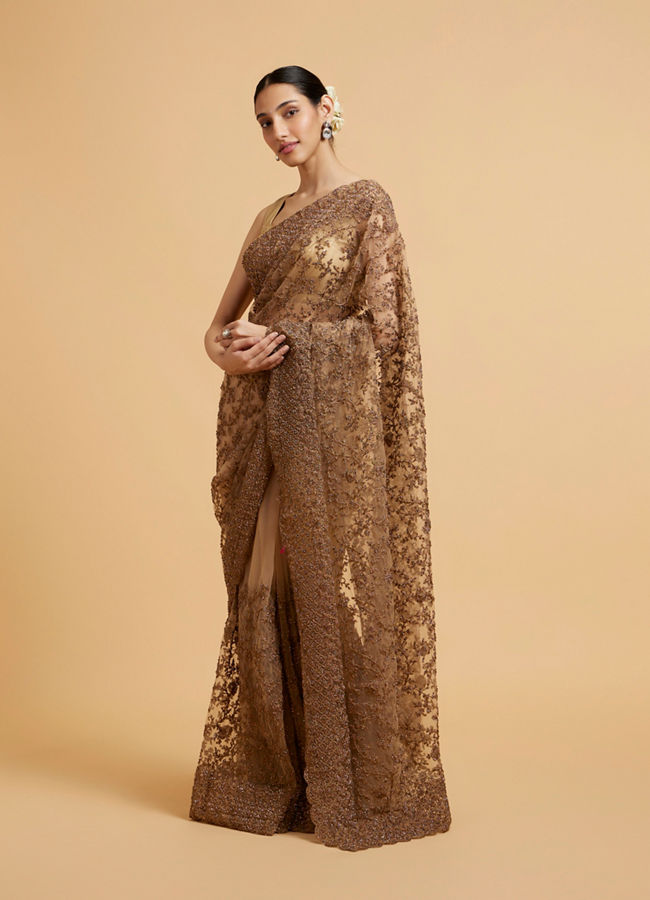 Mohey Women Dark Fawn Bel Buti Embroidered Saree with Stone Work