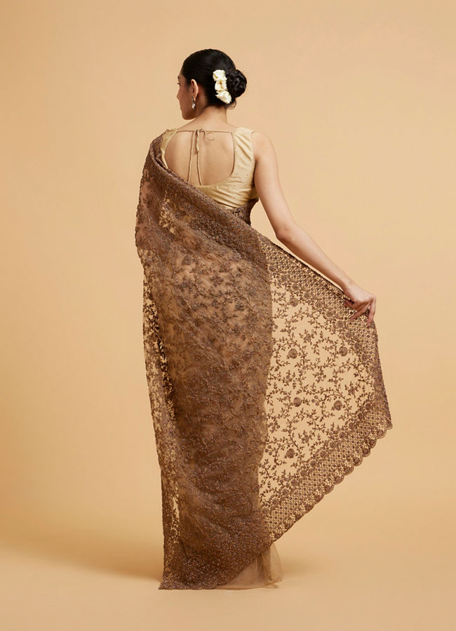 Mohey Women Dark Fawn Bel Buti Embroidered Saree with Stone Work