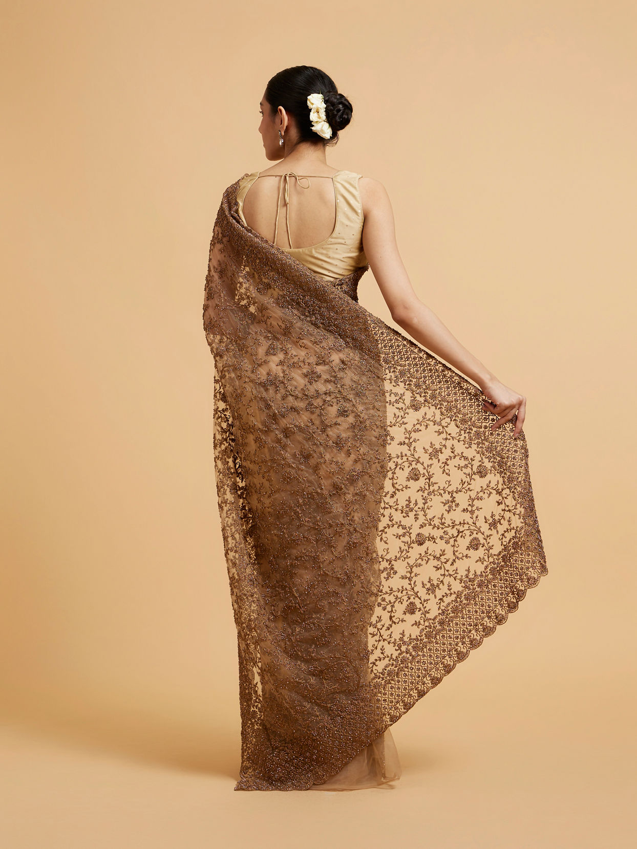 Mohey Women Dark Fawn Bel Buti Embroidered Saree with Stone Work