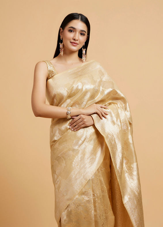 Mohey Women Cream Beige Floral Patterned Saree