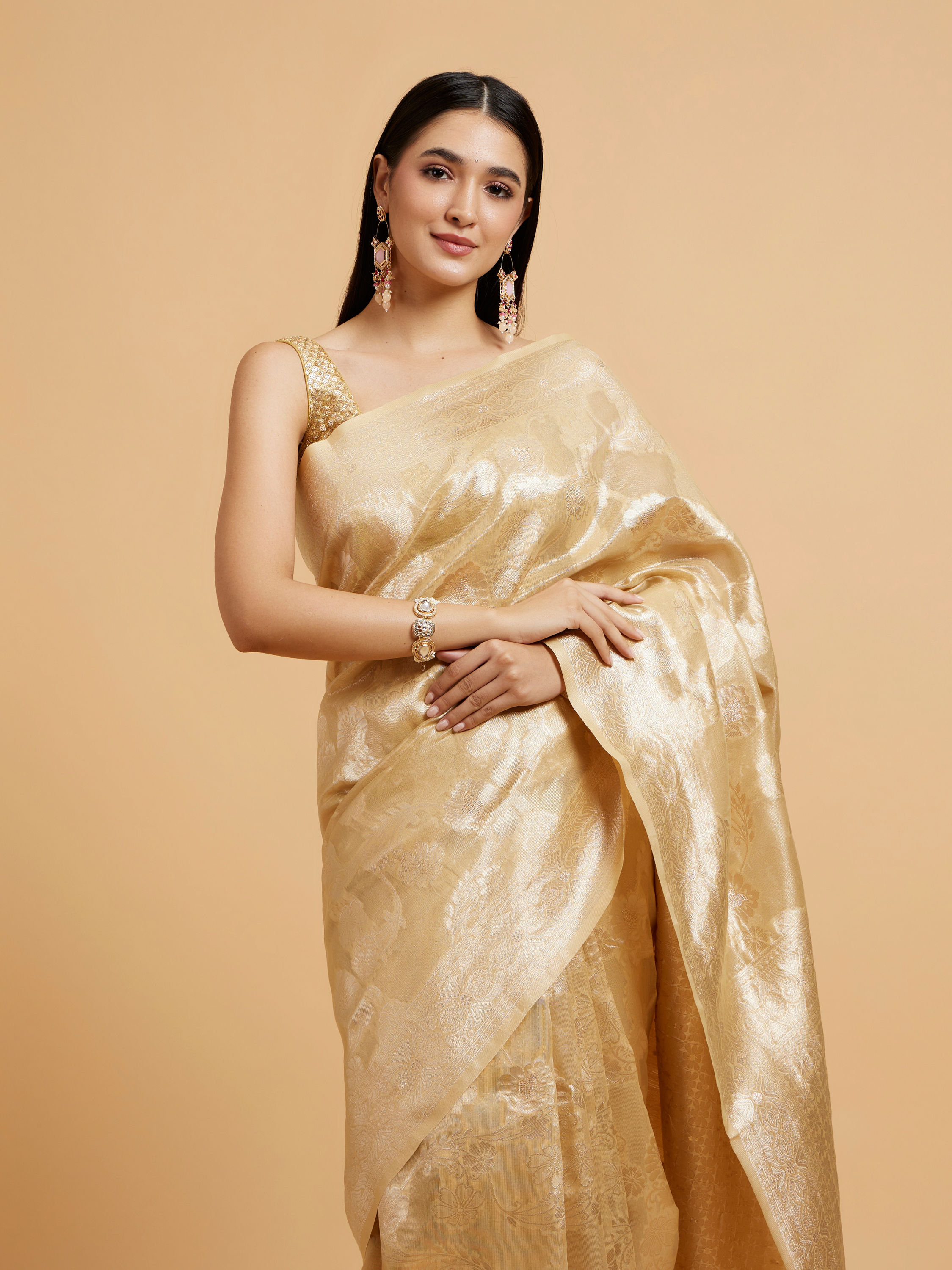 Mohey Women Cream Beige Floral Patterned Saree