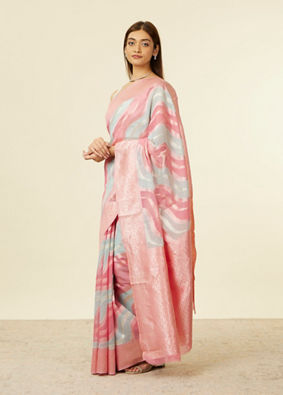 alt message - Mohey Women Pink Light Blue Leaf Patterned Saree image number 3