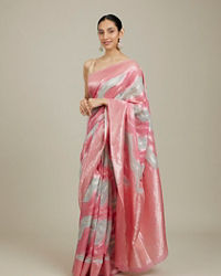 Mohey Women Pink Light Blue Leaf Patterned Saree