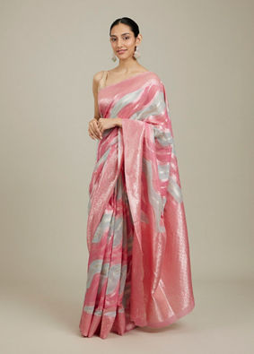 Mohey Women Pink Light Blue Leaf Patterned Saree image number 0