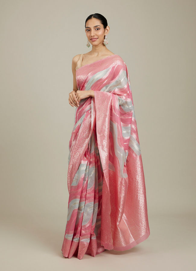 Mohey Women Pink Light Blue Leaf Patterned Saree image number 0