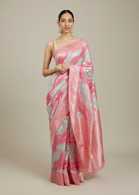 Mohey Women Pink Light Blue Leaf Patterned Saree image number 2