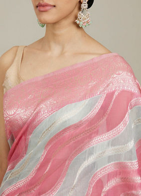 Mohey Women Pink Light Blue Leaf Patterned Saree image number 3