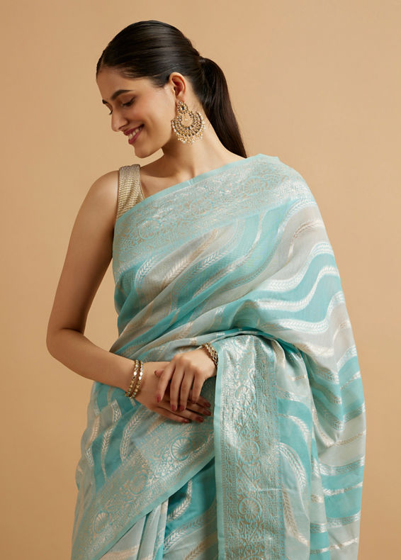 Mohey Women Light Blue Leaf Patterned Saree with Floral Motifs