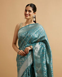 Mohey Women Light Blue Ikat Diamond Patterned Saree with Floral Motifs