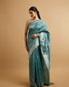 Mohey Women Light Blue Ikat Diamond Patterned Saree with Floral Motifs