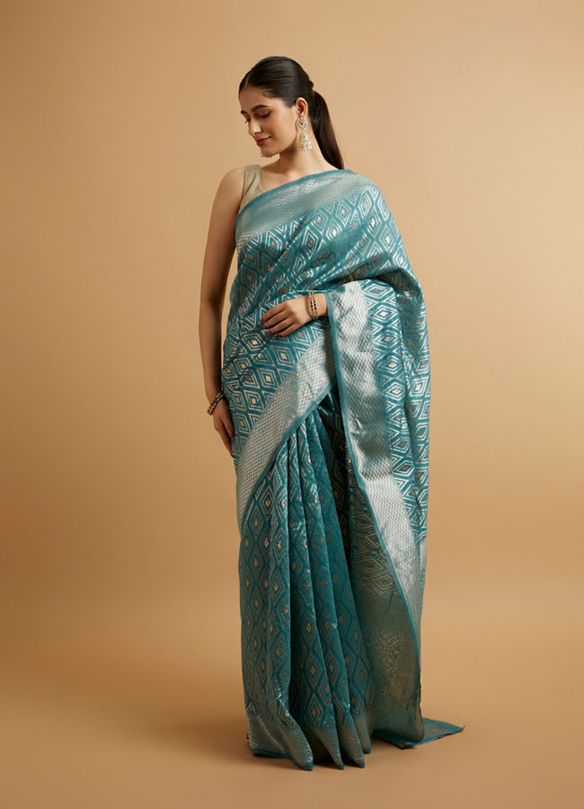 Mohey Women Light Blue Ikat Diamond Patterned Saree with Floral Motifs