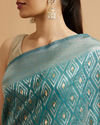 Mohey Women Light Blue Ikat Diamond Patterned Saree with Floral Motifs