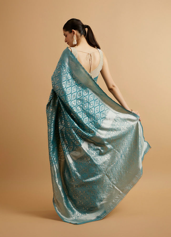 Mohey Women Light Blue Ikat Diamond Patterned Saree with Floral Motifs