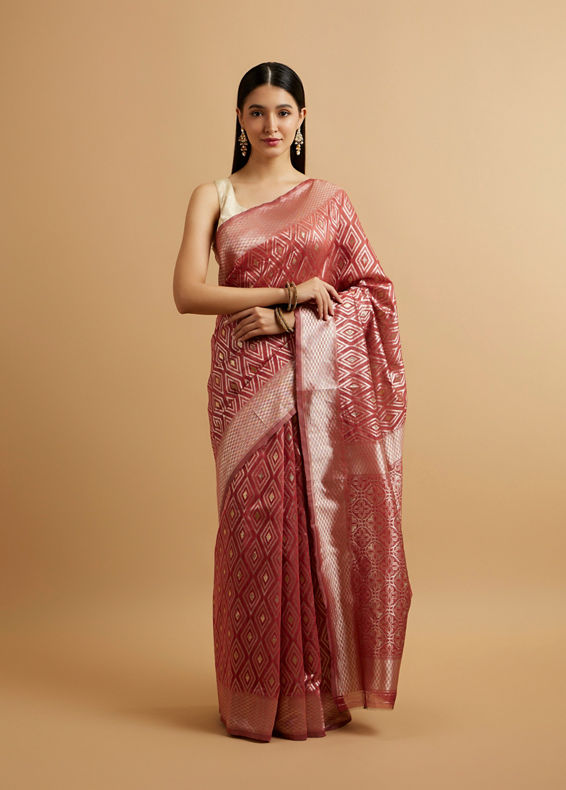 Mohey Women Dusty Pink Ikat Diamond Patterned Saree with Floral Motifs