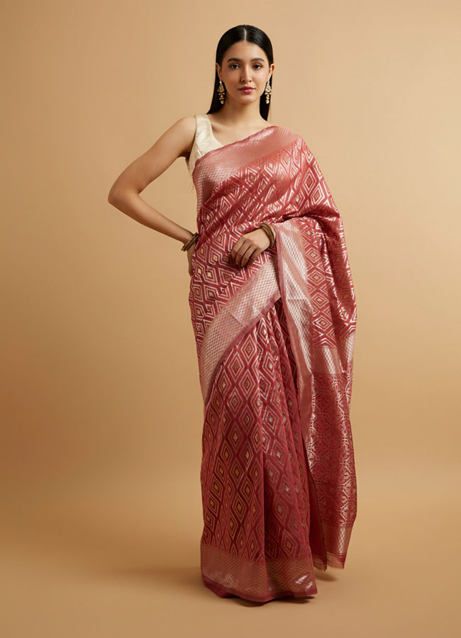 Mohey Women Dusty Pink Ikat Diamond Patterned Saree with Floral Motifs