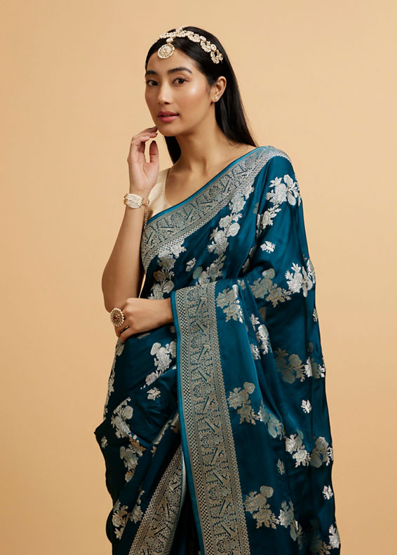 Mohey Women Teal Blue Floral Jaal Embroidered Saree