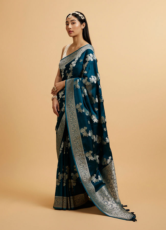 Mohey Women Teal Blue Floral Jaal Embroidered Saree