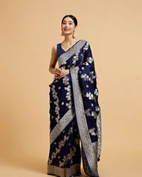 Mohey Women Indigo Blue Bel Patterned Saree with Intricate Floral Borders