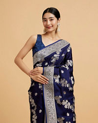 Mohey Women Indigo Blue Bel Patterned Saree with Intricate Floral Borders