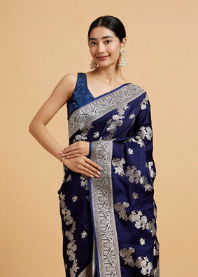 alt message - Mohey Women Indigo Blue Bel Patterned Saree with Intricate Floral Borders image number 1