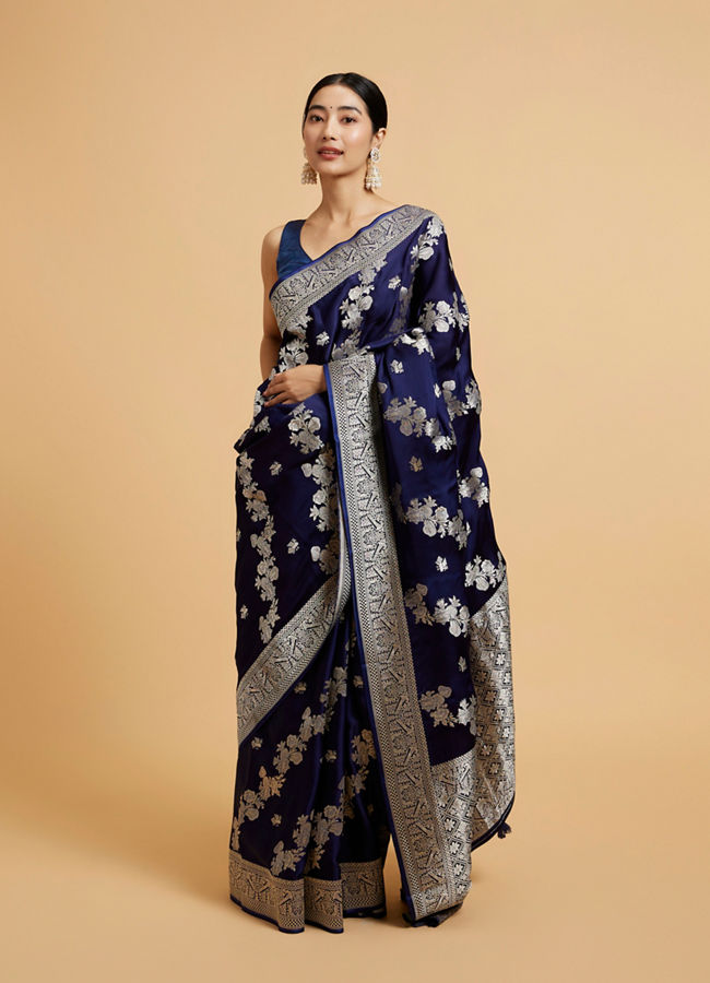 Mohey Women Indigo Blue Bel Patterned Saree with Intricate Floral Borders