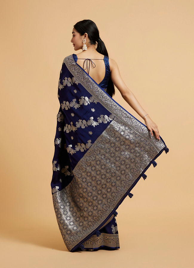 Mohey Women Indigo Blue Bel Patterned Saree with Intricate Floral Borders