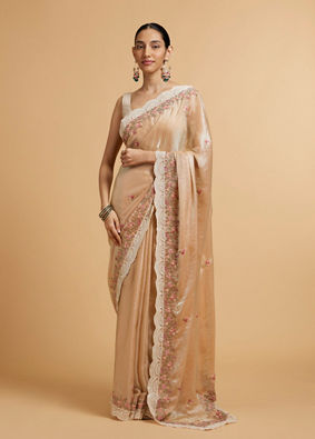 Mohey Women Soft Peach Floral Embroidered Saree with Scallop Borders