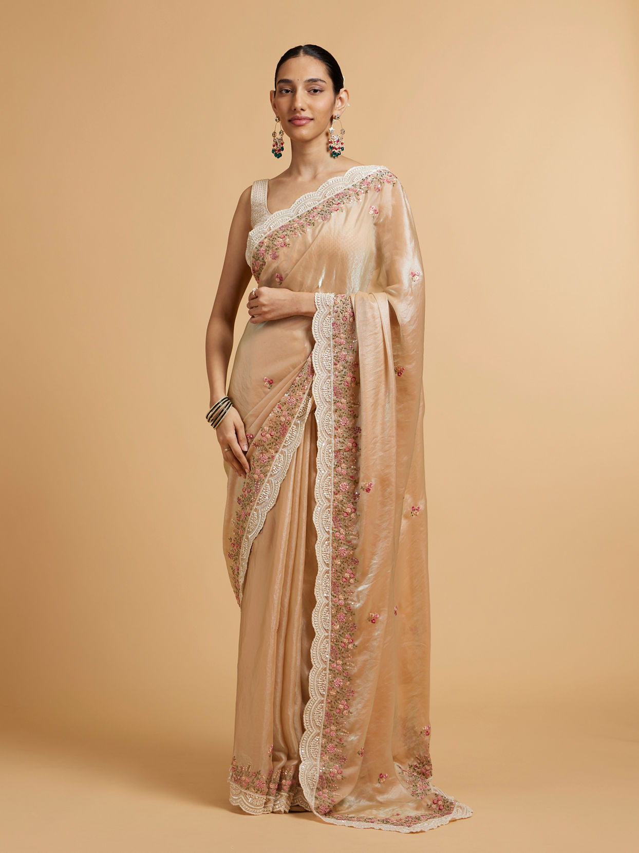 Mohey Women Soft Peach Floral Embroidered Saree with Scallop Borders