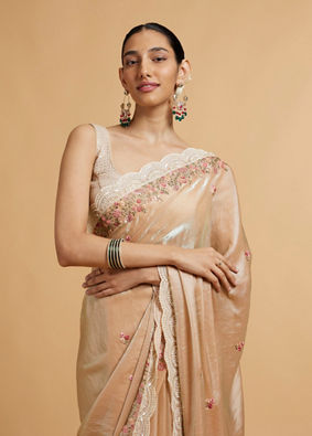Mohey Women Soft Peach Floral Embroidered Saree with Scallop Borders