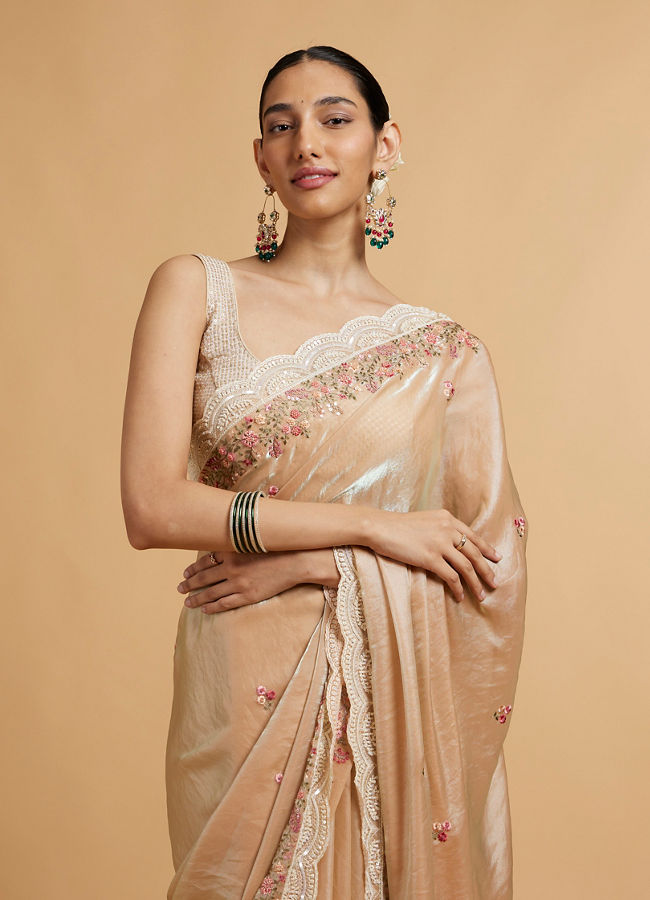Mohey Women Soft Peach Floral Embroidered Saree with Scallop Borders