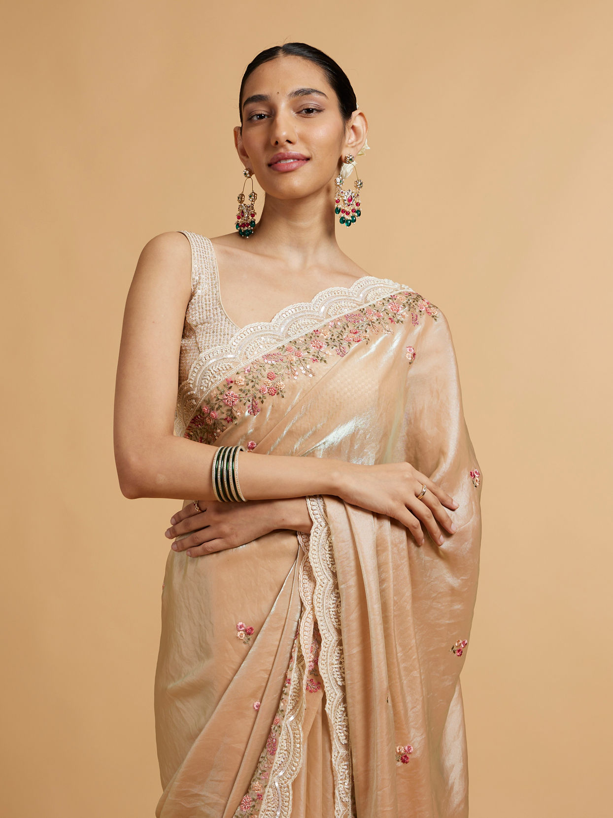 Mohey Women Soft Peach Floral Embroidered Saree with Scallop Borders