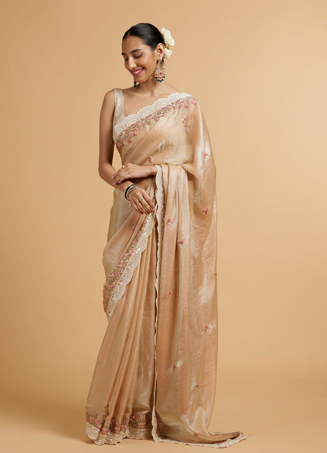 Mohey Women Soft Peach Floral Embroidered Saree with Scallop Borders image number 2