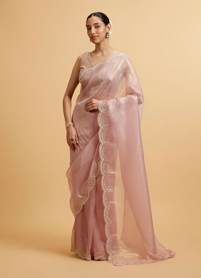 alt message - Mohey Women Light Pink Pearl and Rhinestone Embellished Saree image number 0