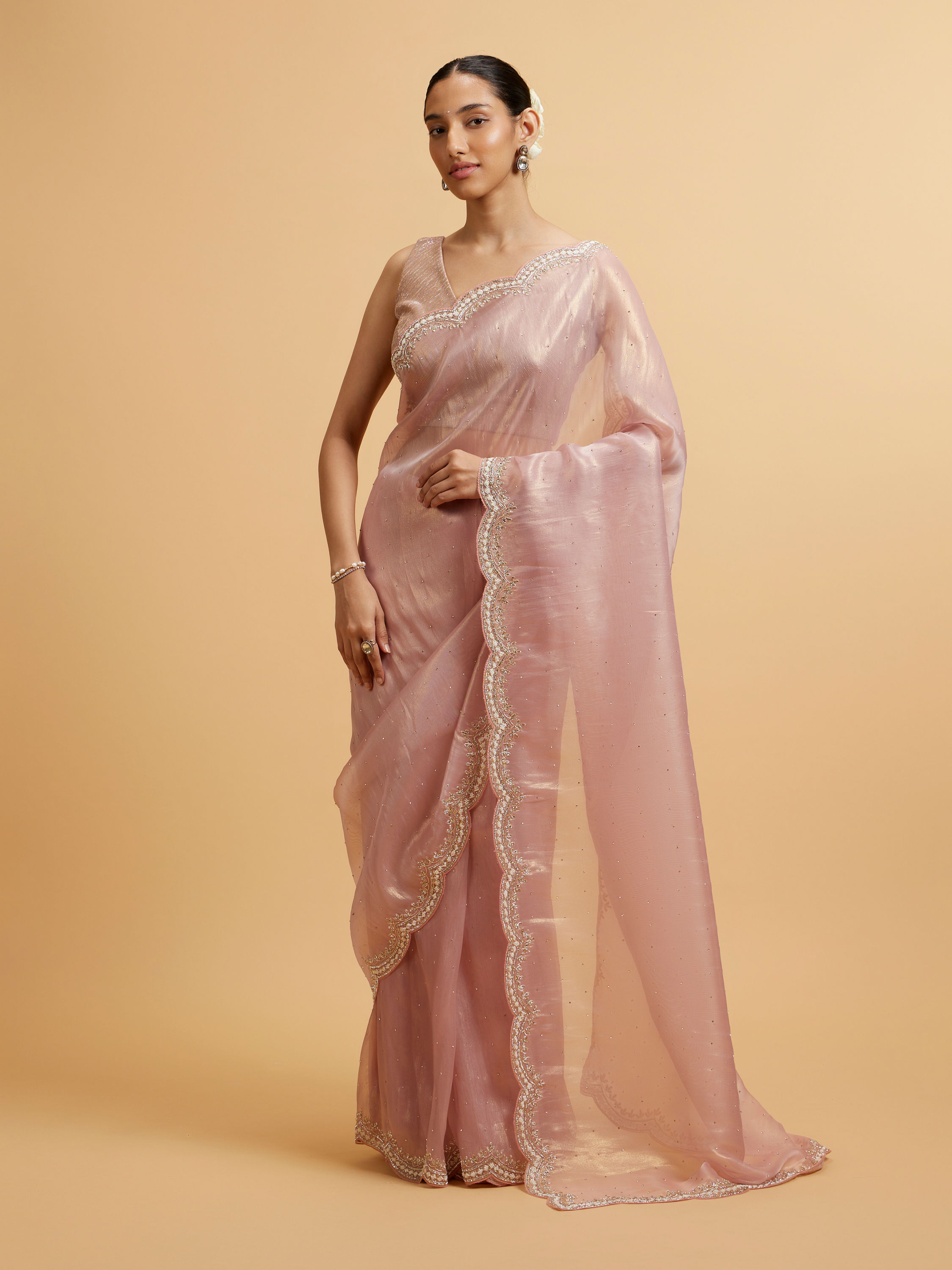 Mohey Women Light Pink Pearl and Rhinestone Embellished Saree