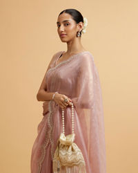 Mohey Women Light Pink Pearl and Rhinestone Embellished Saree