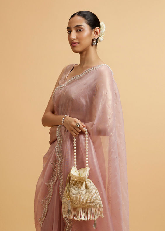 Mohey Women Light Pink Pearl and Rhinestone Embellished Saree