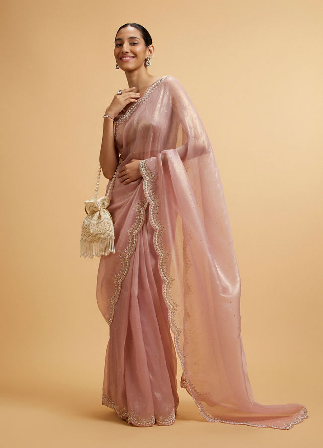 alt message - Mohey Women Light Pink Pearl and Rhinestone Embellished Saree image number 2