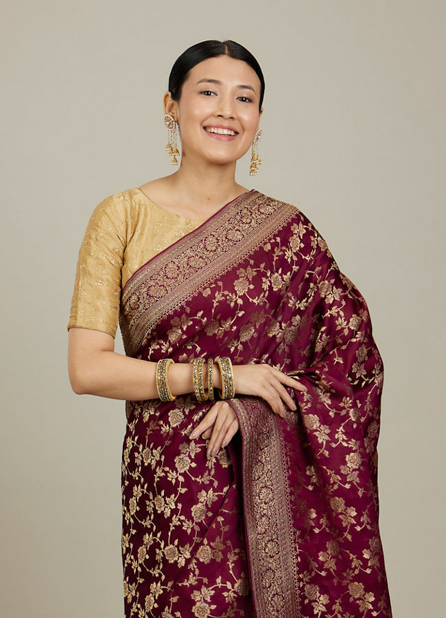 Mohey Women Classic Wine Bel Buti Patterned Bridal Saree