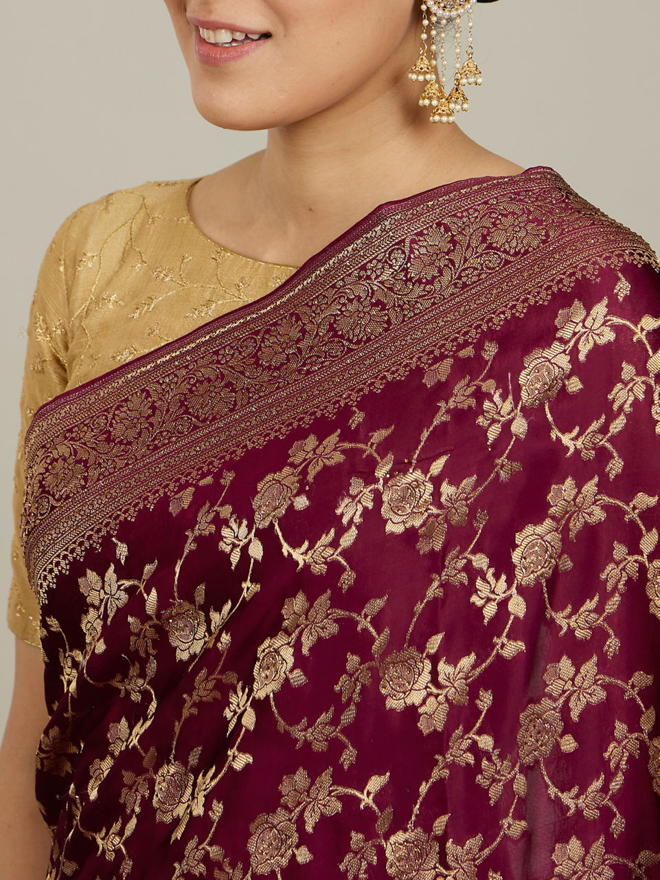 Mohey Women Classic Wine Bel Buti Patterned Bridal Saree