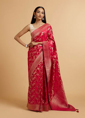 alt message - Mohey Women Rani Pink Bel Buti Patterned Saree with Rhinestones image number 0