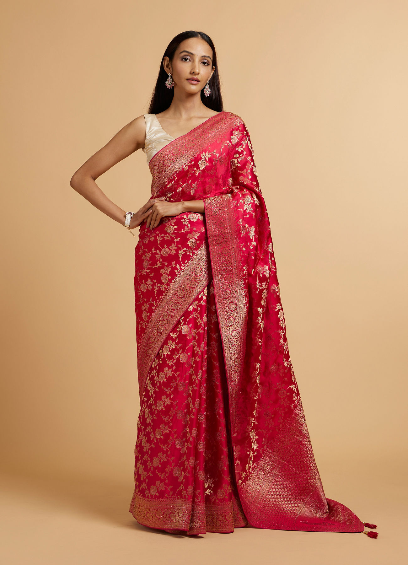 Mohey Women Rani Pink Bel Buti Patterned Bridal Saree with Rhinestones