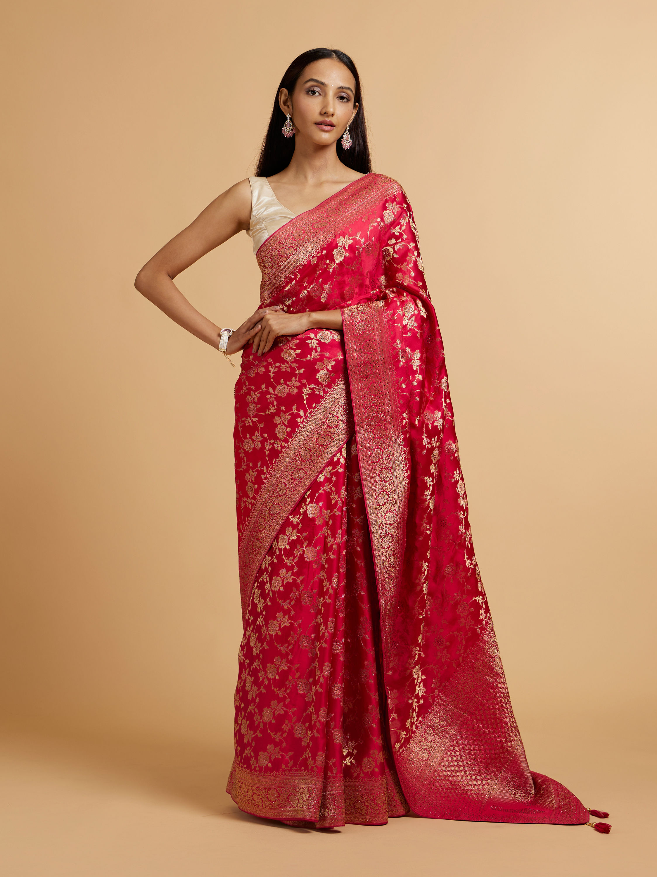 Mohey Women Rani Pink Bel Buti Patterned Bridal Saree with Rhinestones