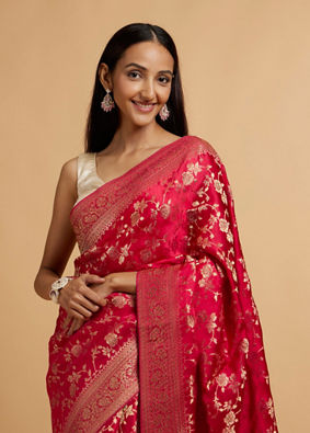 alt message - Mohey Women Rani Pink Bel Buti Patterned Saree with Rhinestones image number 1