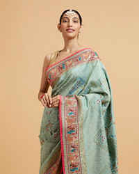 Mohey Women Sea Green Jaal Patterned Saree with Courtly Motifs