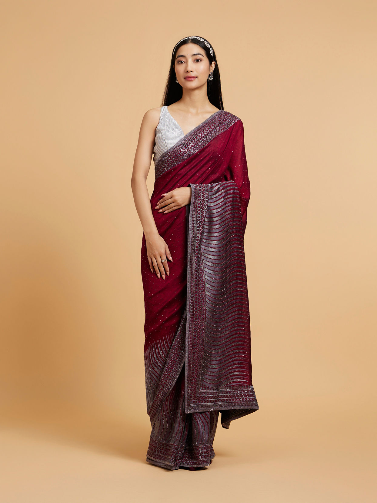 alt message - Mohey Women Wine Elegance Drape Saree image number 0